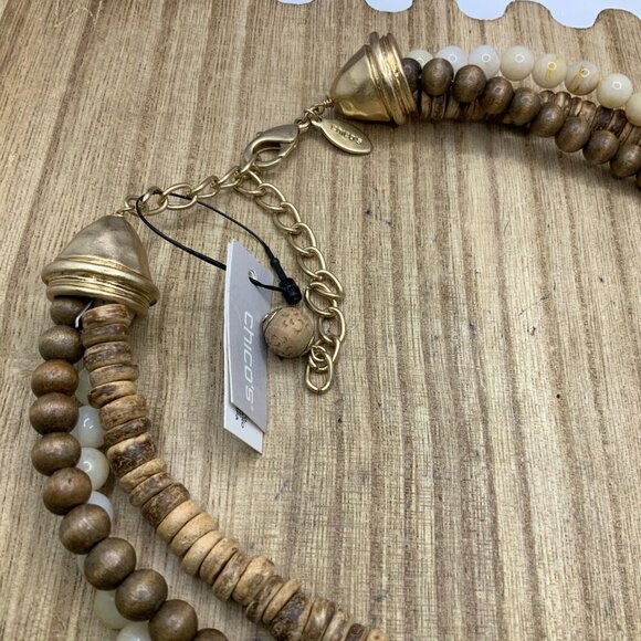 Chico's NWT Beaded Neutral Gold Tone Ring Bib Necklace - Picture 7 of 8